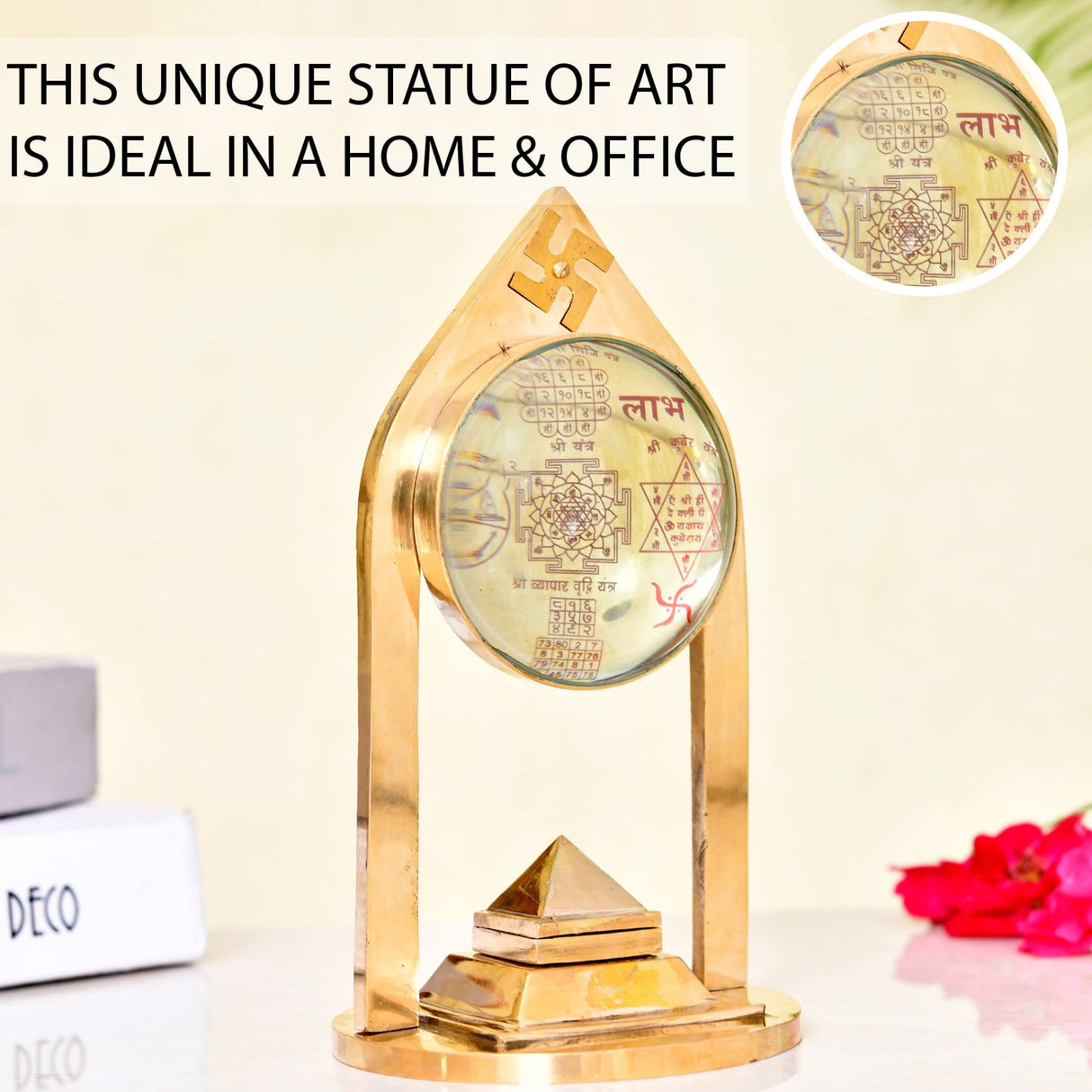 Vastu pillar pyramid and shri yantra with magnifying glass