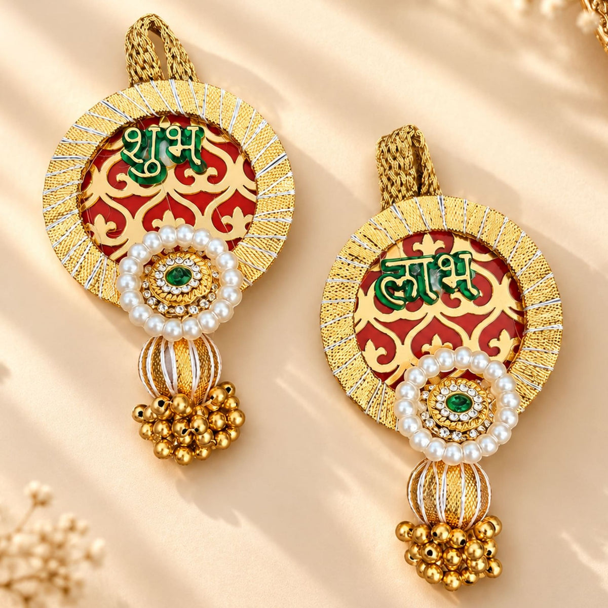Golden shubh labh hanging decor with red and gold center, green devanagari script, pearls, emerald, diamonds, and beads for diwali and home decor
