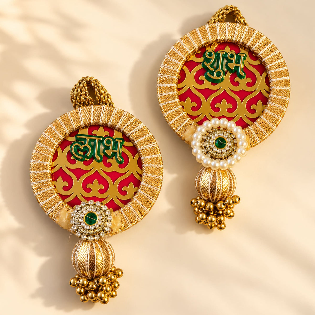 Gold circular shubh labh hanging decor with red gold center green devanagari embroidery pearls emeralds for diwali wall art