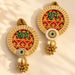 Gold circular shubh labh hanging decor with red gold center green devanagari embroidery pearls emeralds for diwali wall art