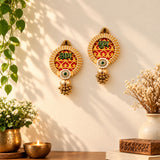 Golden shubh labh hanging decor with red gold patterned center green embroidered text and beaded ornaments for diwali and home decor