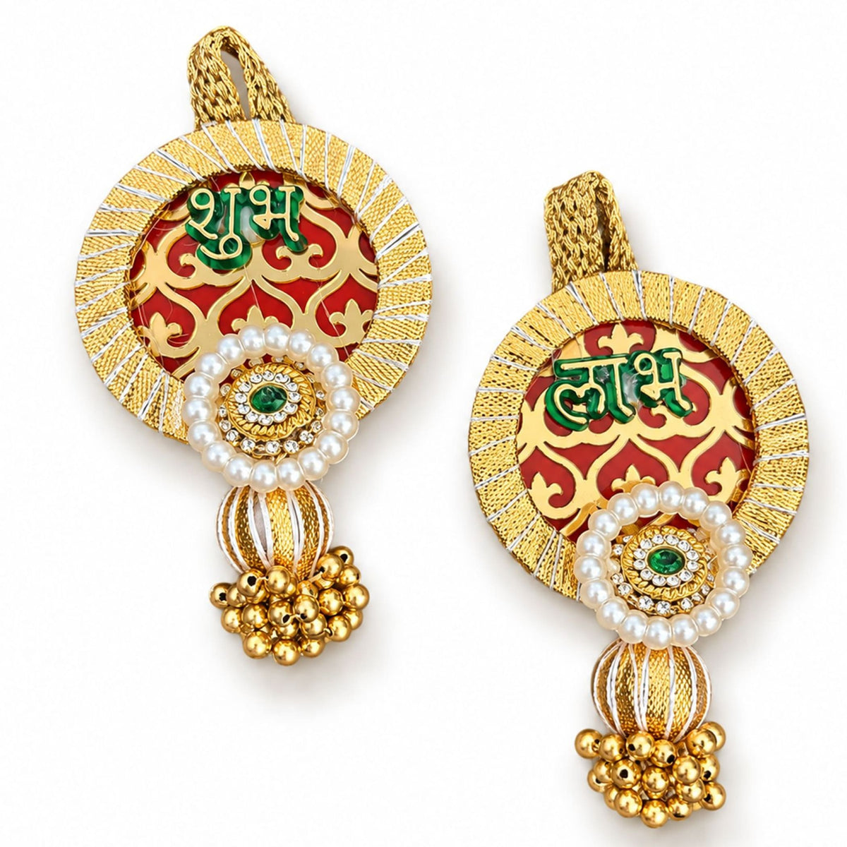 Gold-colored shubh labh hanging decor with red green enamel pearl and emerald accents for traditional Indian celebrations