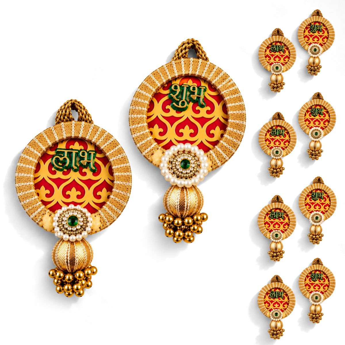 Gold-colored shubh labh hanging decor with red and yellow patterned center, green devanagari script, pearls, and tassel for home and office