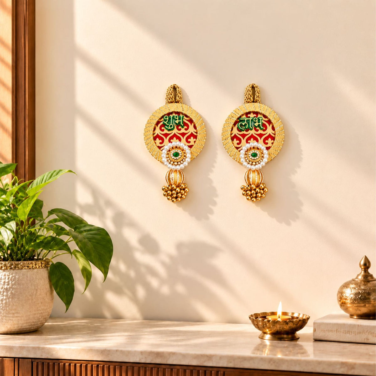Shubh Labh golden circular hanging decor with red green embroidery white beads and gold bead clusters for Diwali and home decor