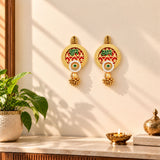 Shubh Labh golden circular hanging decor with red green embroidery white beads and gold bead clusters for Diwali and home decor
