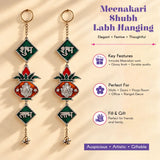 Shubh labh hanging with intricate silver ganesha meenakari design on red and green stained glass for diwali decor