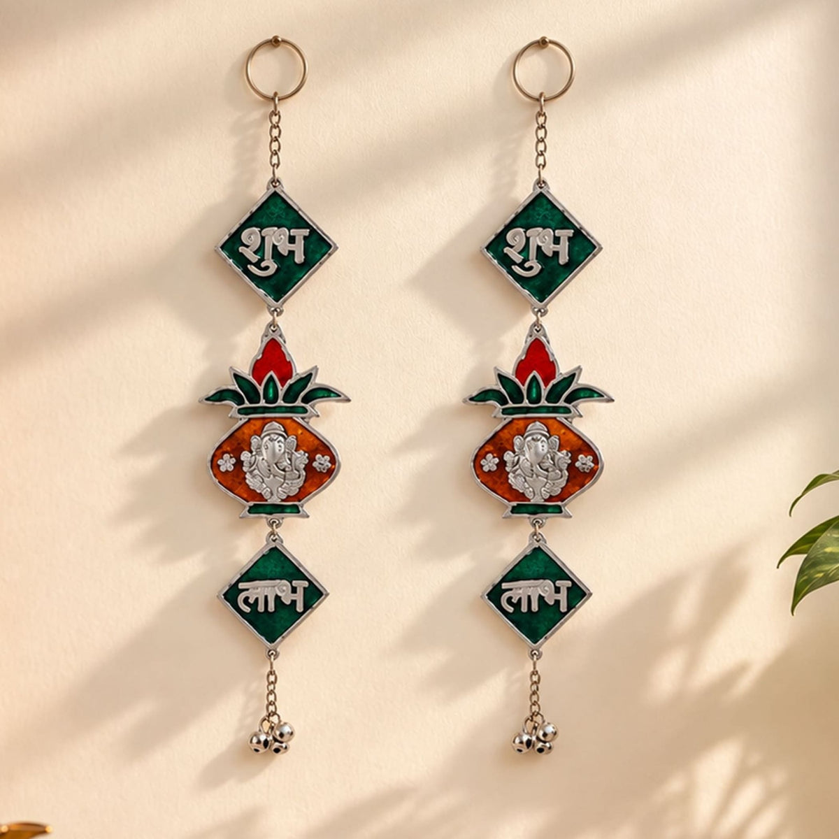 Shubh labh green and orange stained glass door hangings with ganesha figure devanagari script and silver chains