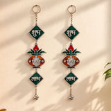Shubh labh green and orange stained glass door hangings with ganesha figure devanagari script and silver chains
