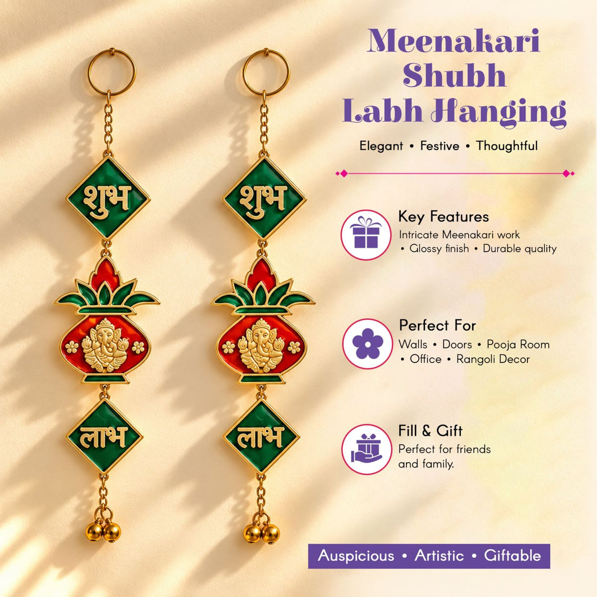 Green and red meenakari shubh labh hanging ornaments with gold detailing and central ganesha for diwali decor