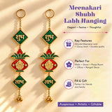 Green and red meenakari shubh labh hanging ornaments with gold detailing and central ganesha for diwali decor