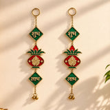 Green and red enamel door hanging charms with gold-plated ganesh motifs and devanagari plaques for diwali decor