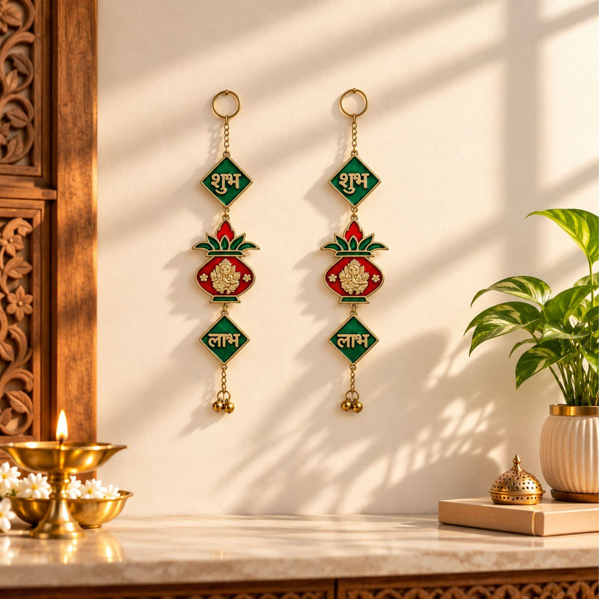 Shubh labh hanging Indian wall door hangings with green and red enamel and gold accents for Diwali decor