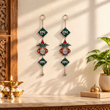 Green and orange stained glass Shubh Labh hanging decor with silver accents for Diwali and home entrance decoration
