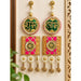 Vibrant green and pink embroidered circular earrings with gold floral patterns and beaded tassels for festive decor