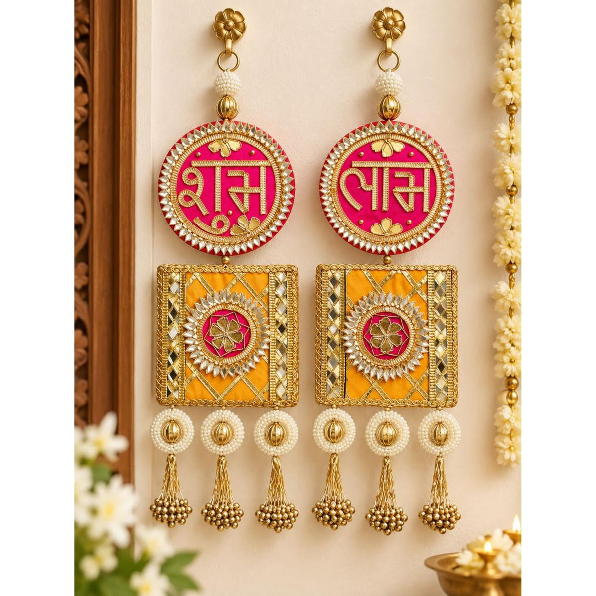 Shubh labh decor traditional indian door hanging toran with gold tone embroidered earrings mirrored embellishments and pearl tassels
