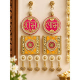 Shubh labh decor traditional indian door hanging toran with gold tone embroidered earrings mirrored embellishments and pearl tassels