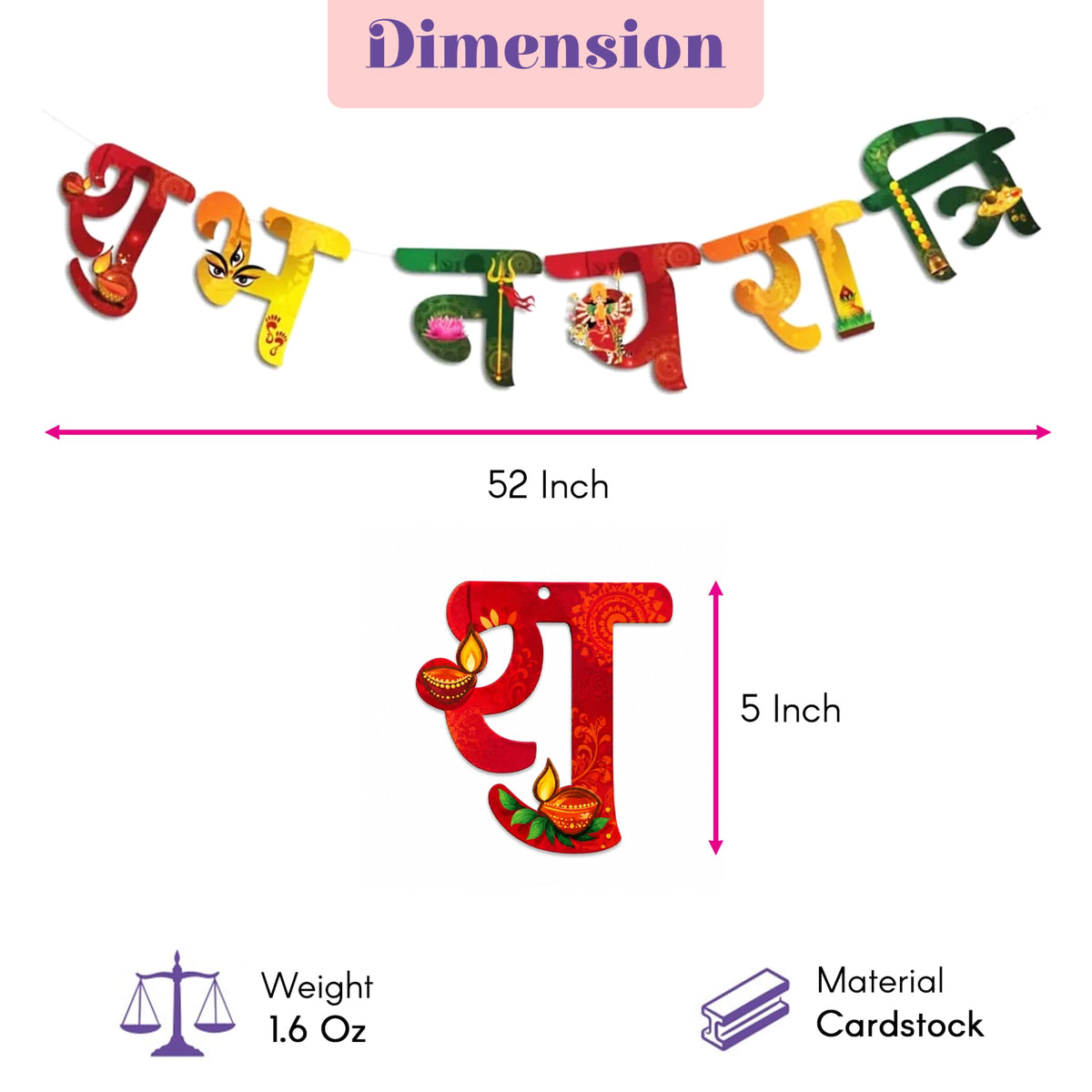 Colorful 52-inch cardstock shubh navratri banner with hindi letters and festive designs for hindu festival decoration