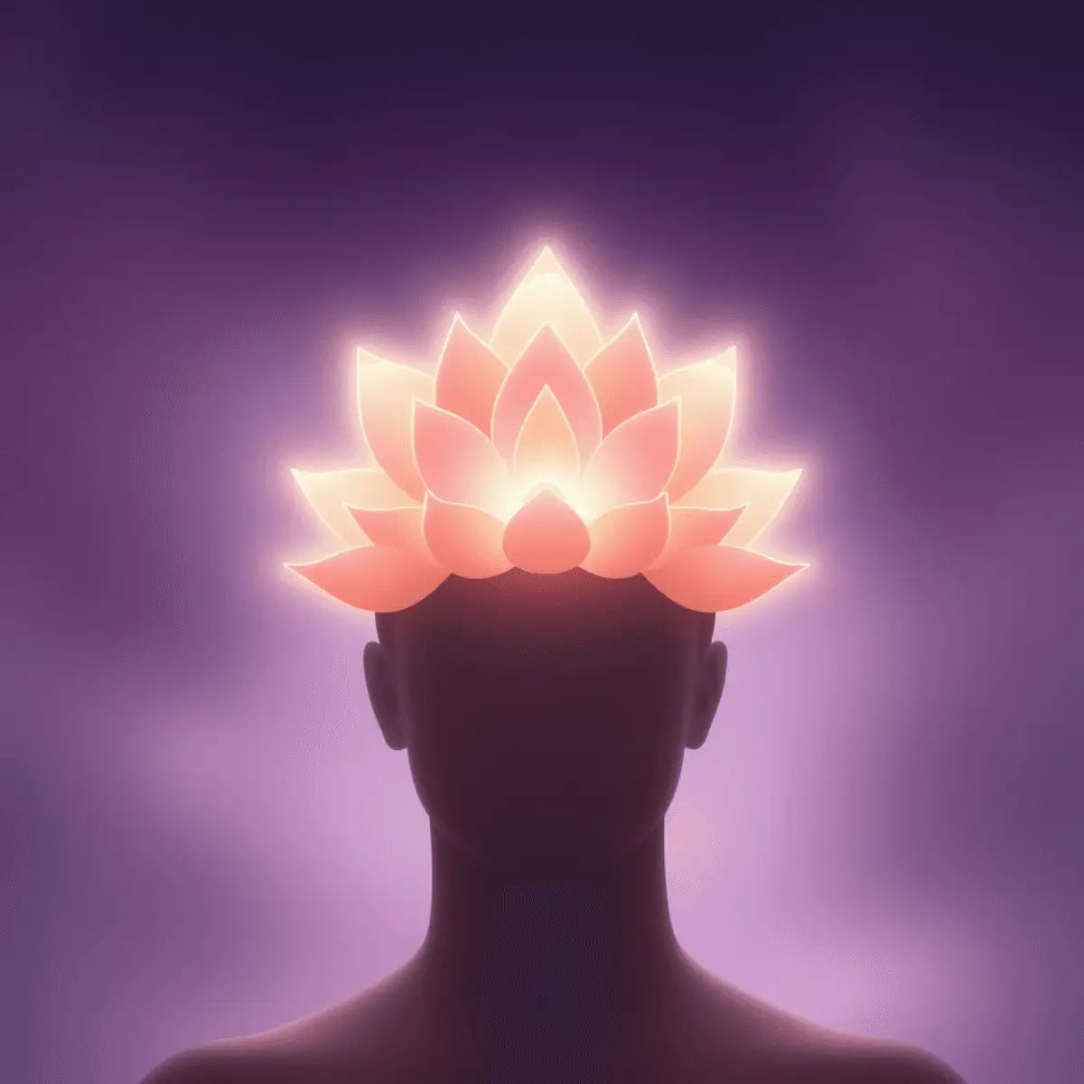 A glowing crown chakra symbol, represented as a thousand-petaled lotus flower atop a person's head, surrounded by soft, ethereal light with calming purple and white colors.