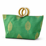 Green satin silk handbag with gold leaf pattern and pearl-adorned golden handle for Eid and wedding favors