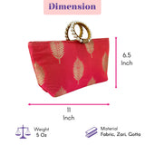 A vibrant red silk clutch bag with golden leaf patterns and a pearl-embellished handle for Eid and Diwali gifts