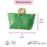Green silk fabric clutch with gold leaf patterns and pearl-adorned golden handles for Eid and Diwali gifts