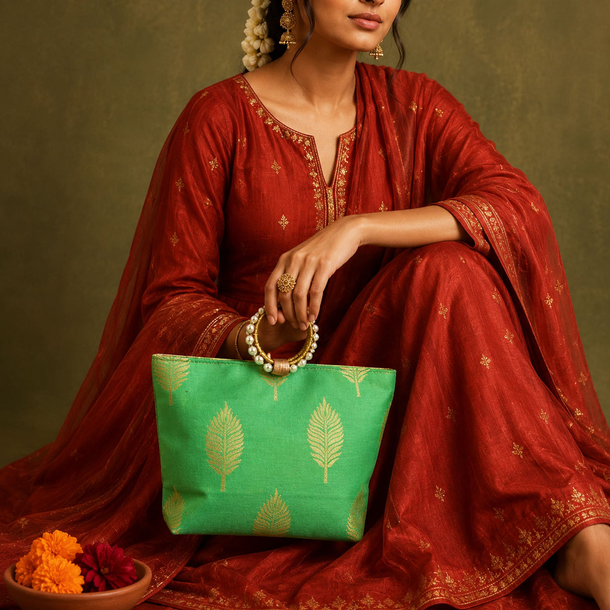 Emerald green silk handbag with gold leaf embroidery and pearl-adorned handle for Eid and Diwali gifts