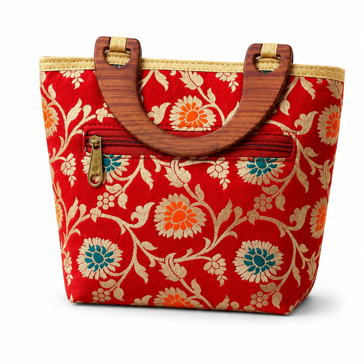 Red silk handbag with gold and teal floral embroidery and wooden handles traditional Indian purse for festive occasions
