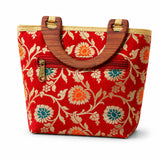 Red silk handbag with gold and teal floral embroidery and wooden handles traditional Indian purse for festive occasions