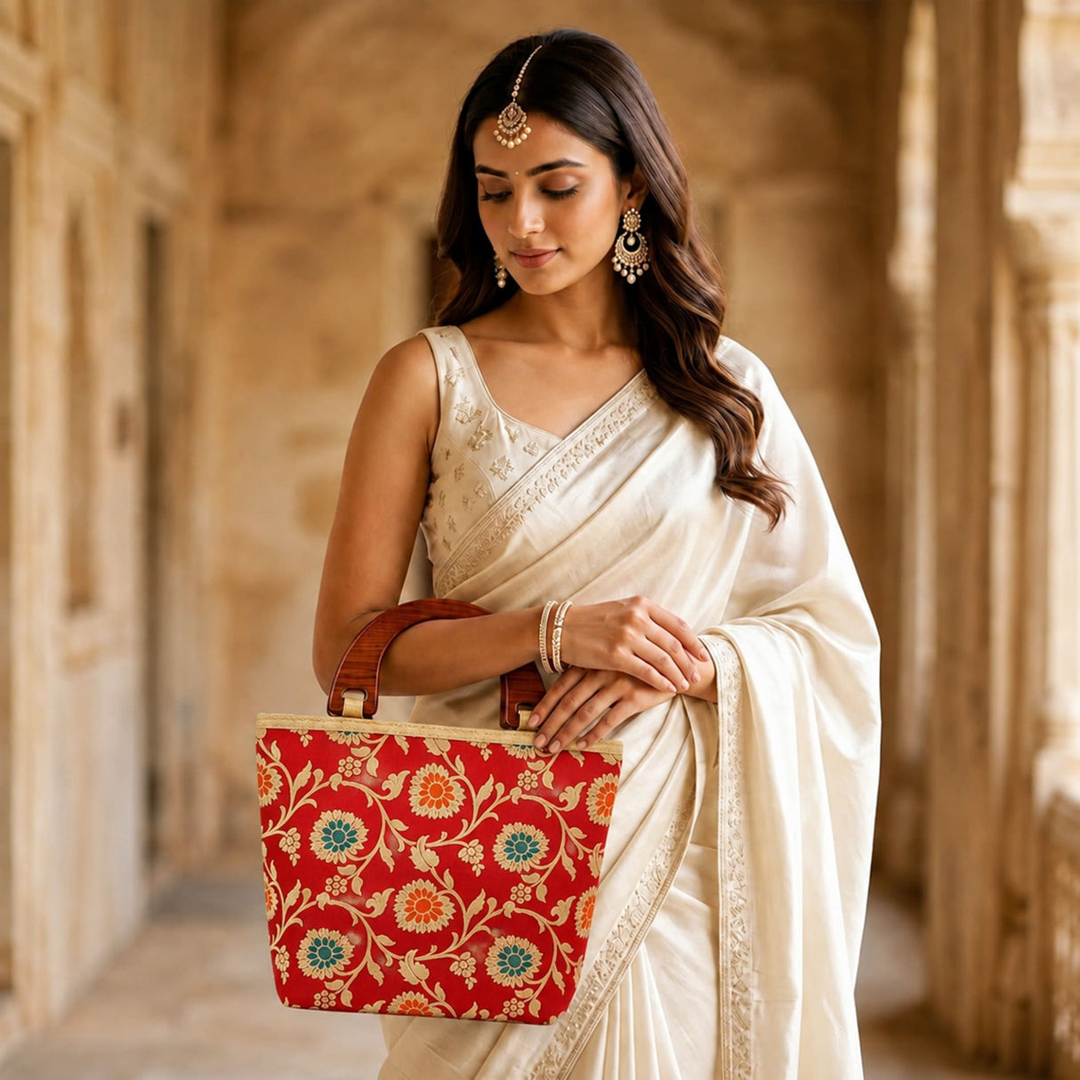 Traditional Indian embroidered red silk handbag with gold and teal floral patterns and wooden handles for festive occasions