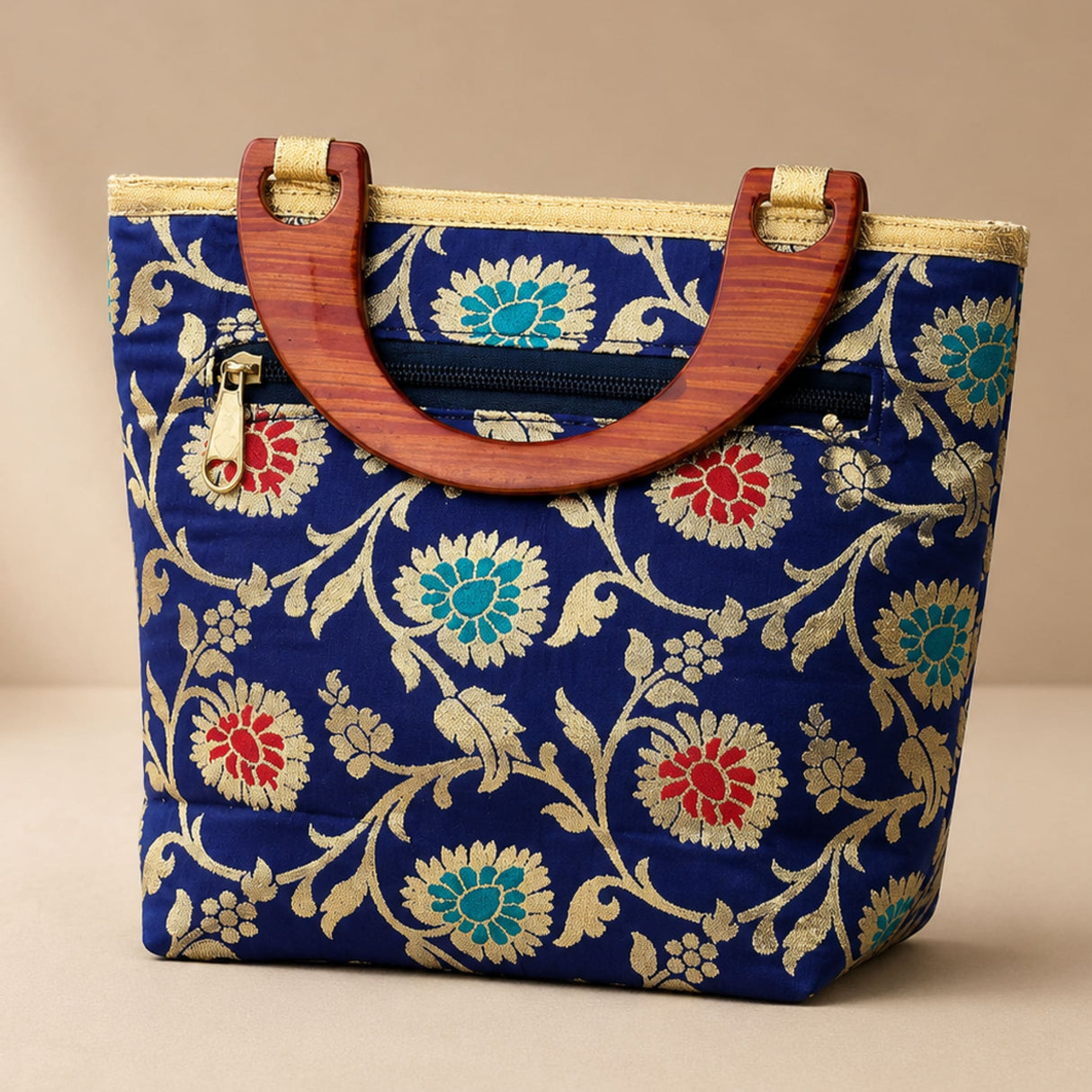 Traditional indian embroidered silk blue handbag with gold teal red floral pattern wooden handles zipper closure
