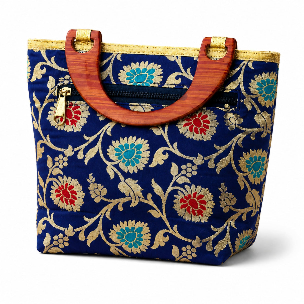 Blue traditional Indian embroidered silk handbag with intricate gold turquoise red floral pattern and wooden handles for festivals