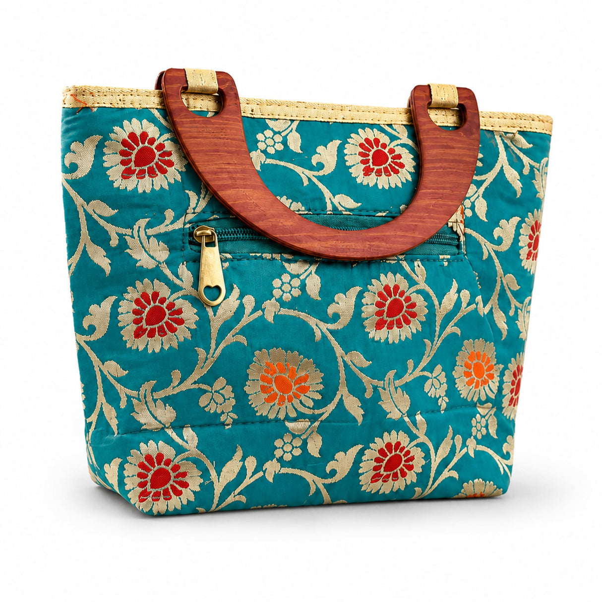 Teal silk fabric tote bag with red and gold floral embroidery wooden handles and brass zipper for ethnic festival use