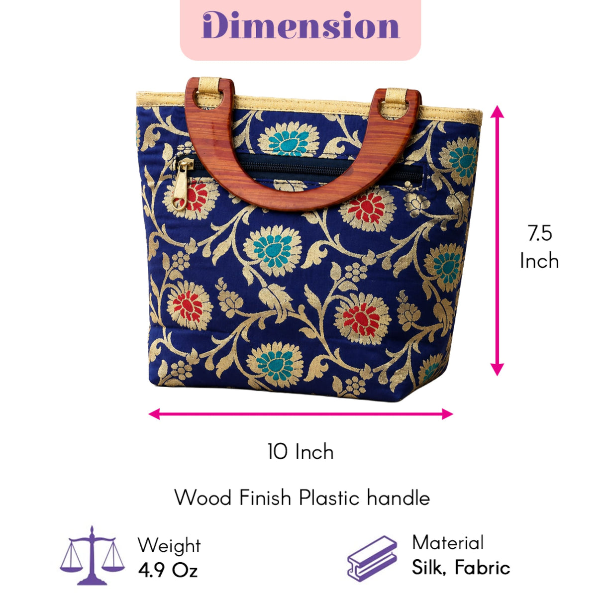 A navy blue traditional Indian embroidered silk handbag with gold red and teal floral pattern and wooden-finish handles