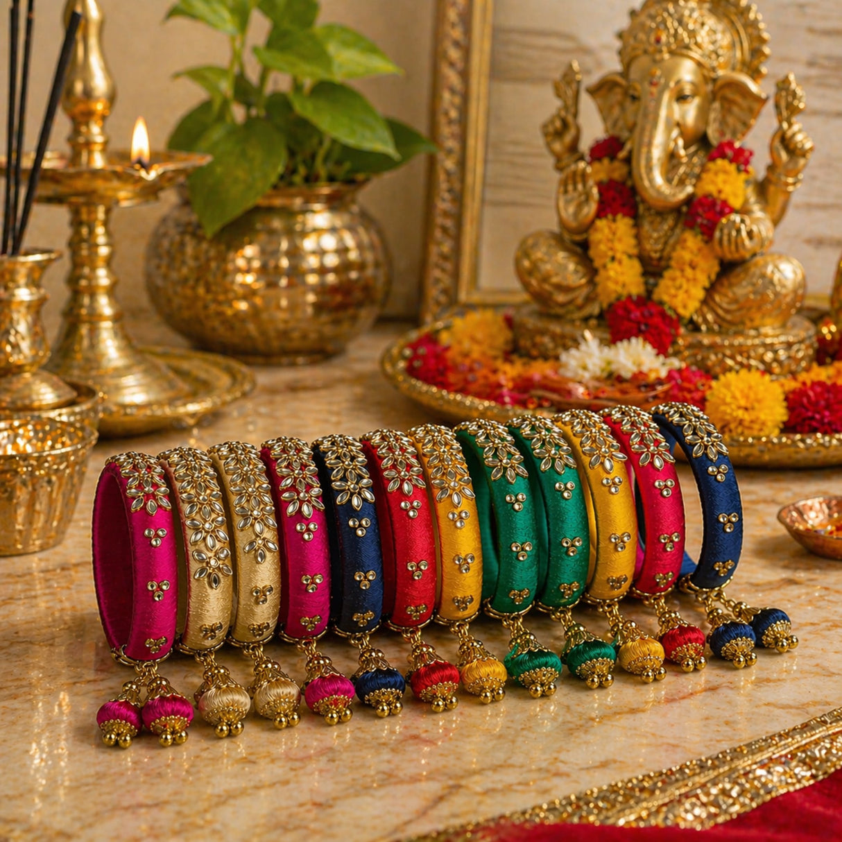 Silk thread bangles designer kundan bracelet set featuring vibrant pink gold red blue yellow and green floral embroidery with tassels