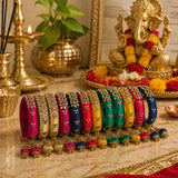 Silk thread bangles designer kundan bracelet set featuring vibrant pink gold red blue yellow and green floral embroidery with tassels