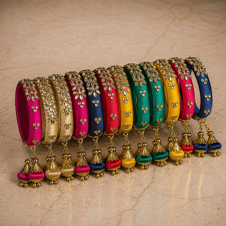 Silk thread bangles designer kundan set with vibrant gold accents in pink beige blue red yellow and green satin with tassels