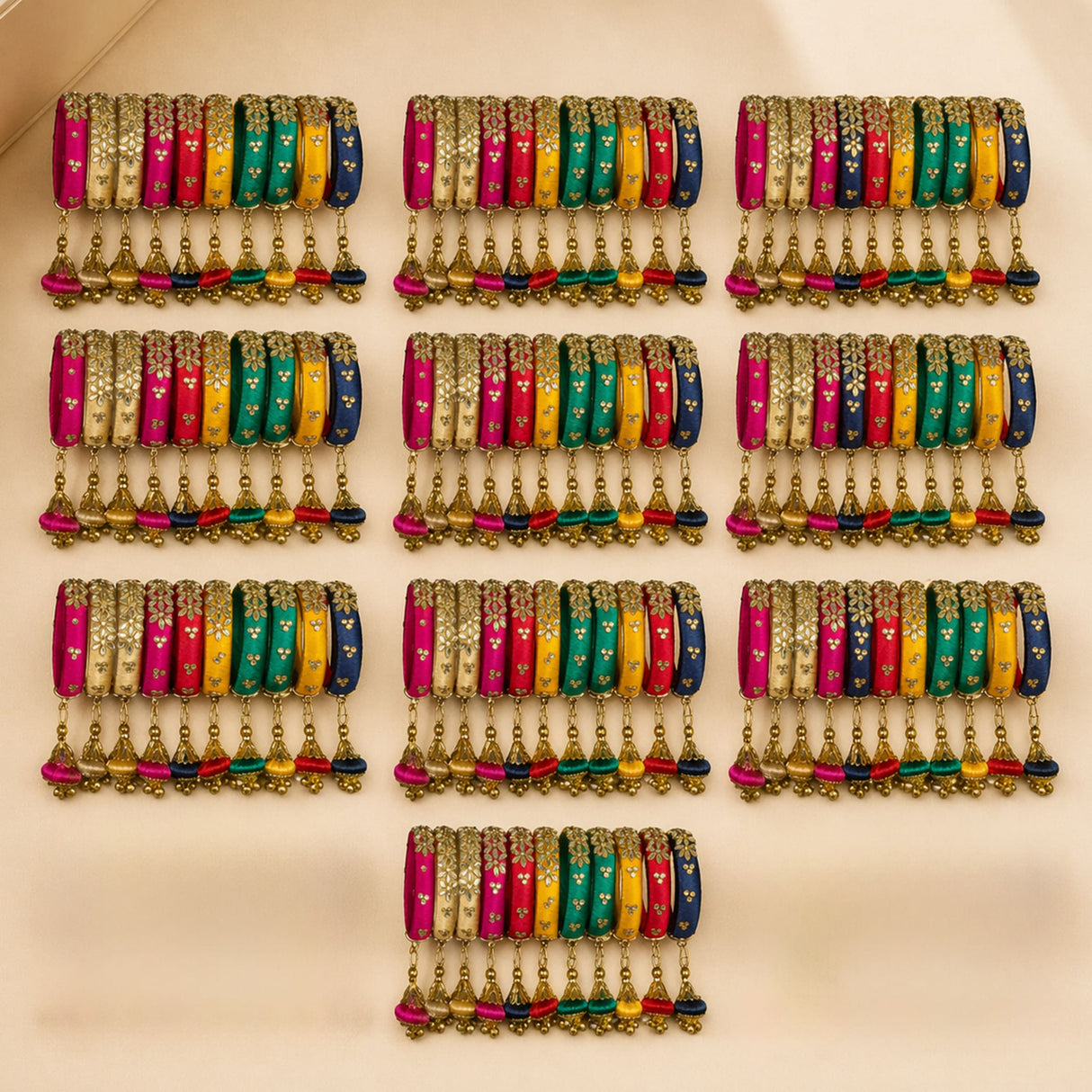 Colorful silk thread bangles with gold floral detailing and dangling tassels ethnic handmade for indian wedding