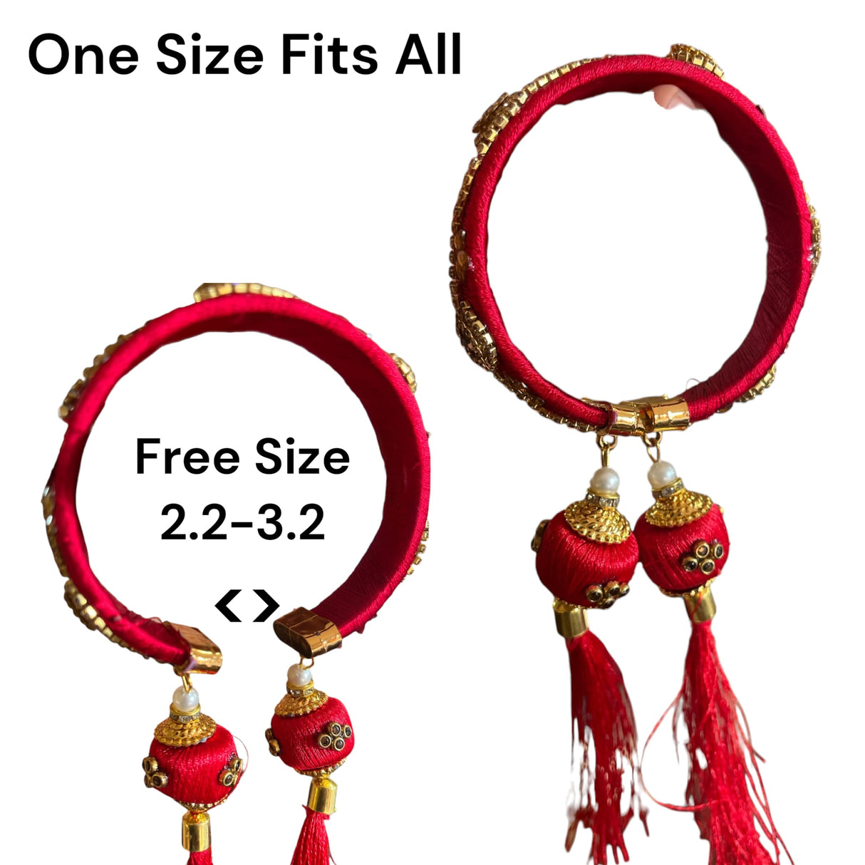 Red satin silk thread bangle with gold kundan-style work and red tassels for women wedding and festivals