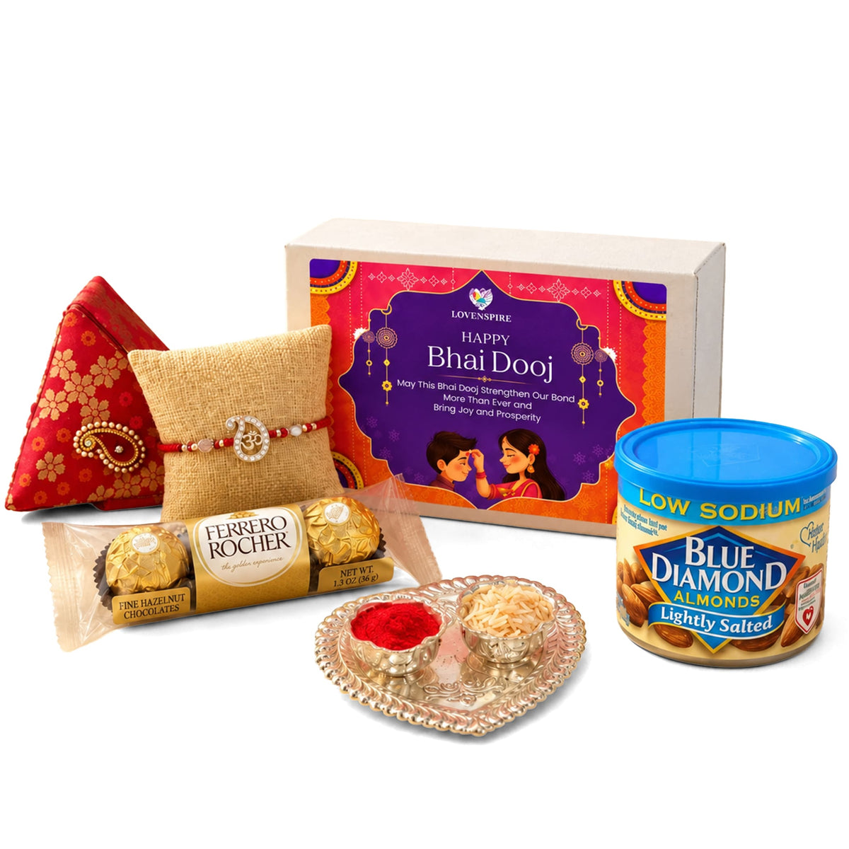 Pure Silver Bhai Dooj Gift Hamper with red gold embroidered cloth beige burlap pillow and silver pearl bracelet
