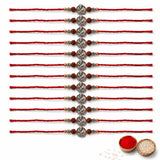 Ten red thread designer silver tone ganesha rakhi bracelets with brown beads for brother and bhabhi on raksha bandhan