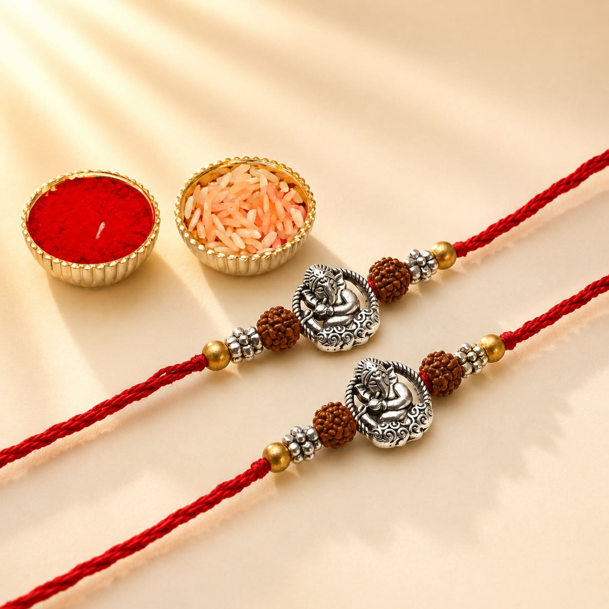 Designer silver tone Ganesha rakhi with red thread and brown beads for brother and bhabhi protection and good luck
