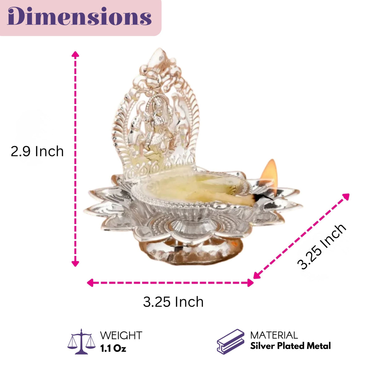 Silver-plated metal lakshmi diya with intricate floral and deity carvings featuring a flame in the oil-filled basin for puja