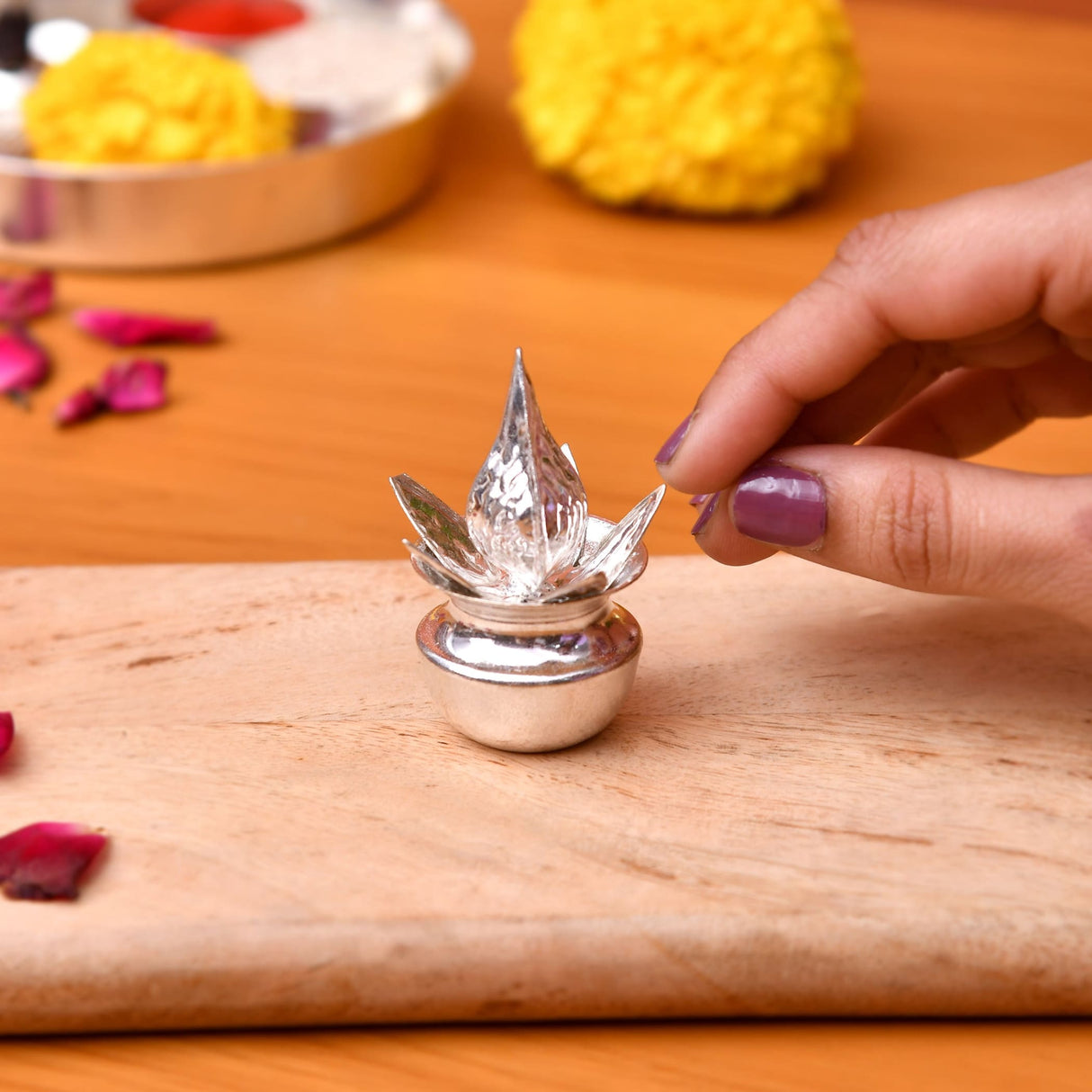 Silver plated mini mangal kalash 2 inch with silver lotus shaped diya and intricate leaf detailing for pooja decor