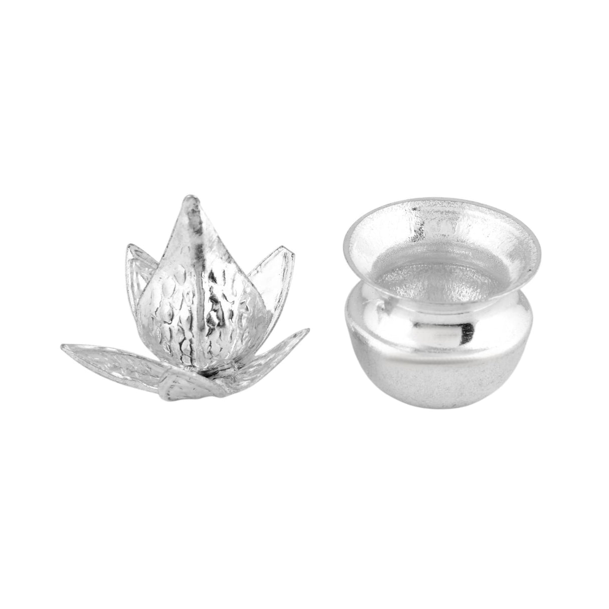 Silver plated mini mangal kalash and lotus-shaped metallic vessels for pooja and home decor spiritual gifts
