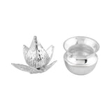Silver plated mini mangal kalash and lotus-shaped metallic vessels for pooja and home decor spiritual gifts