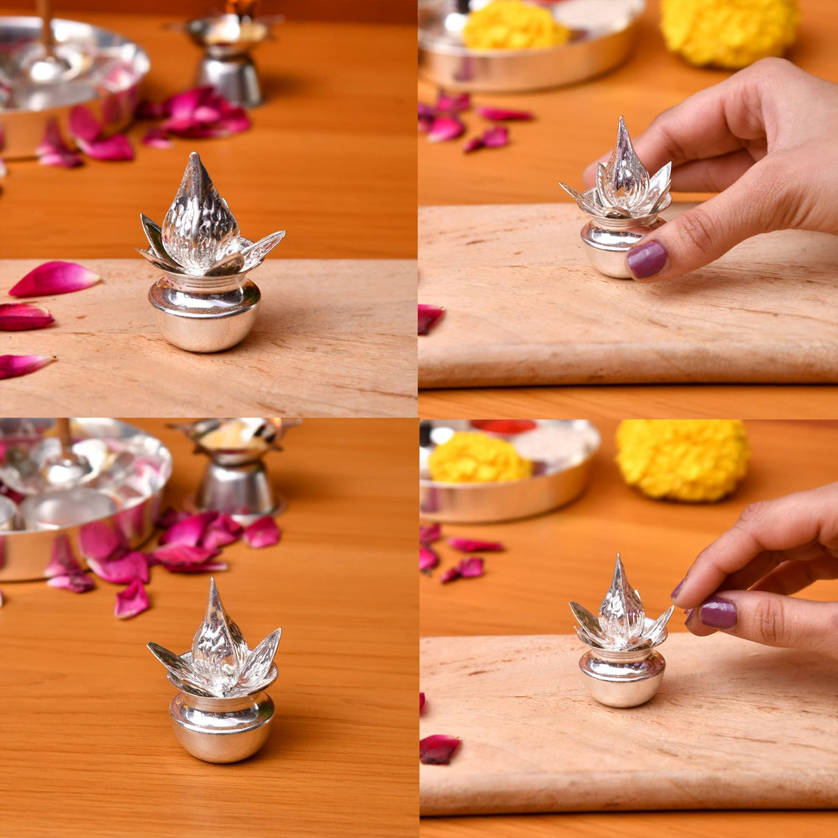 Silver plated mini mangal kalash incense burner with lotus shape polished metallic finish for pooja and home decor