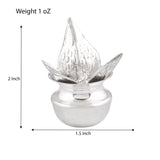 Silver plated mini mangal kalash lotus shaped incense burner with textured flame center and smooth rounded base for pooja