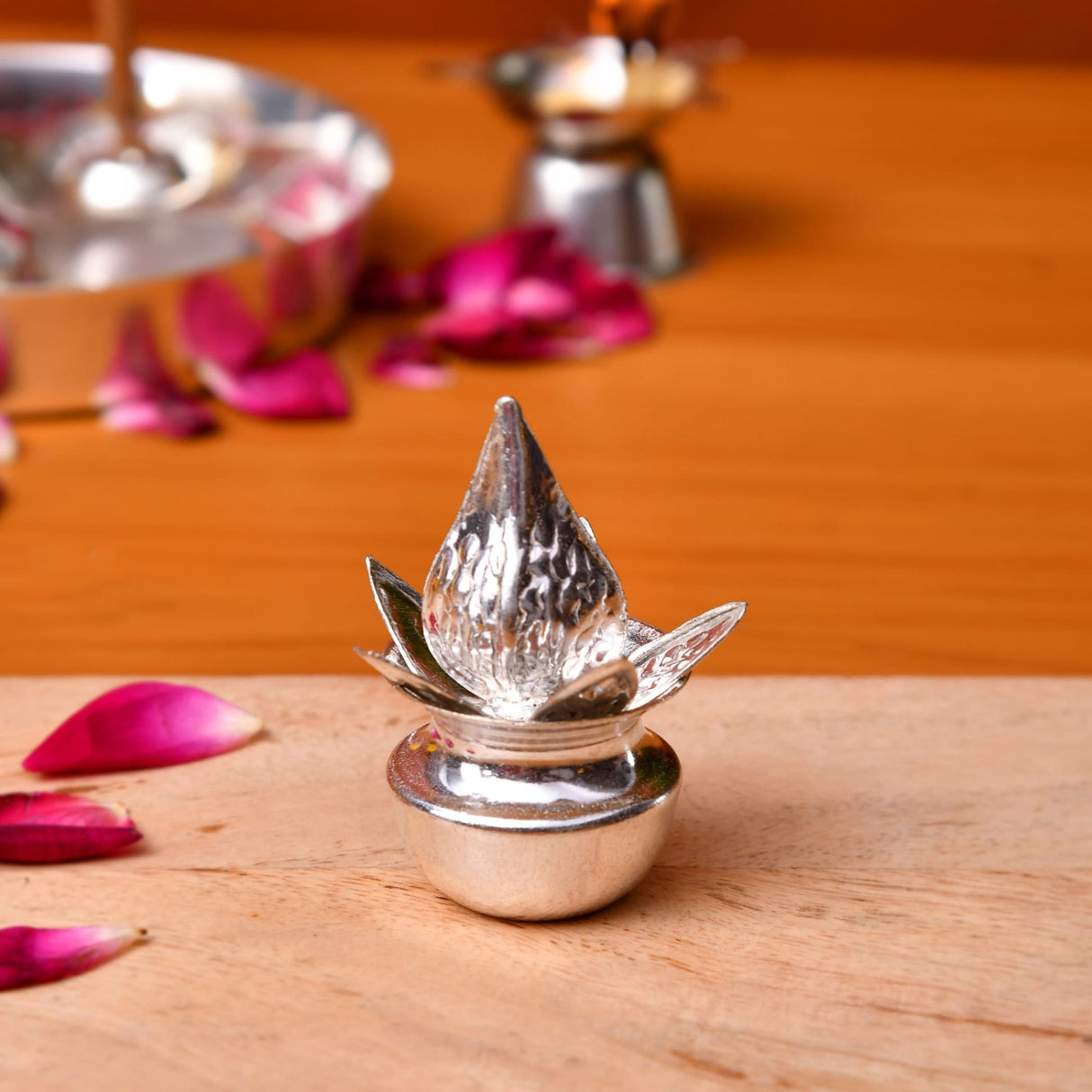 Silver plated mini mangal kalash oil lamp holder with silver lotus shape hammered texture for pooja and home decor