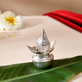 Silver plated mini mangal kalash incense burner with lotus shape intricate hammered detailing for pooja decor
