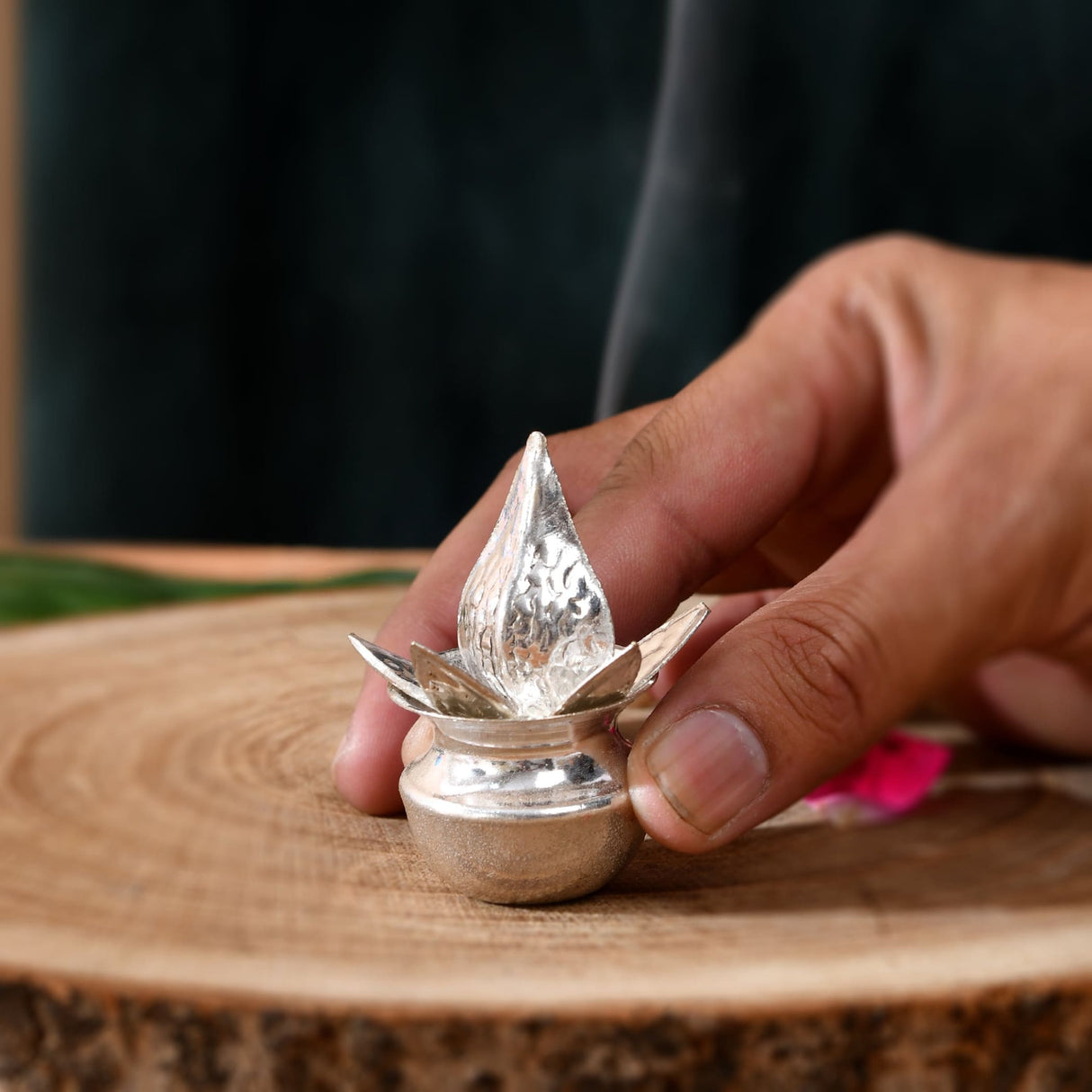 Silver plated mini mangal kalash oil lamp with intricate leaf flame design in lotus vessel for pooja and home decor